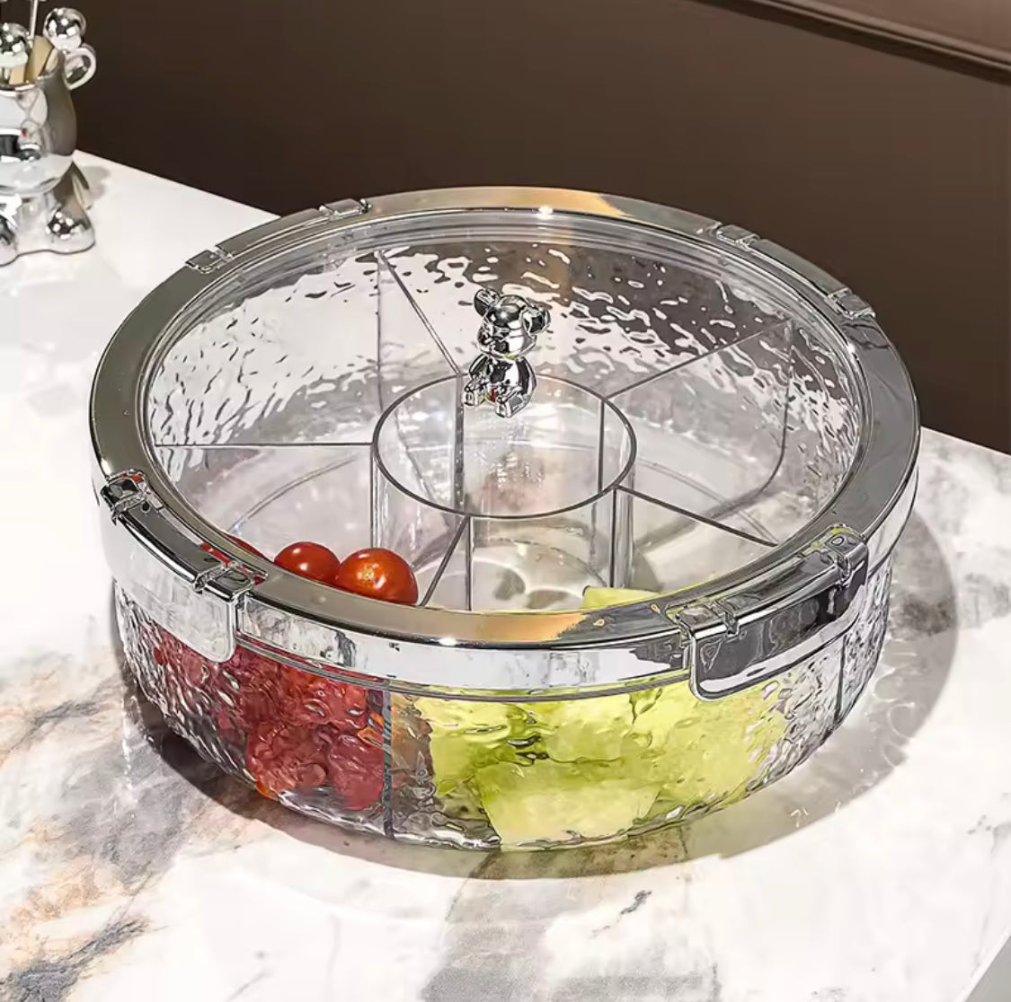 Luxury Sealed Snack Tray With Cover, Five Grid Multi Compartment Dry Fruit Tray, Round Snack Box With Lid, Rotating Serving Tray Luxury Sealed Snack Tray With Cover, Five Grid Multi Compartment Dry Fruit Tray, Round Snack Box With Lid, Rotating Serving Tray